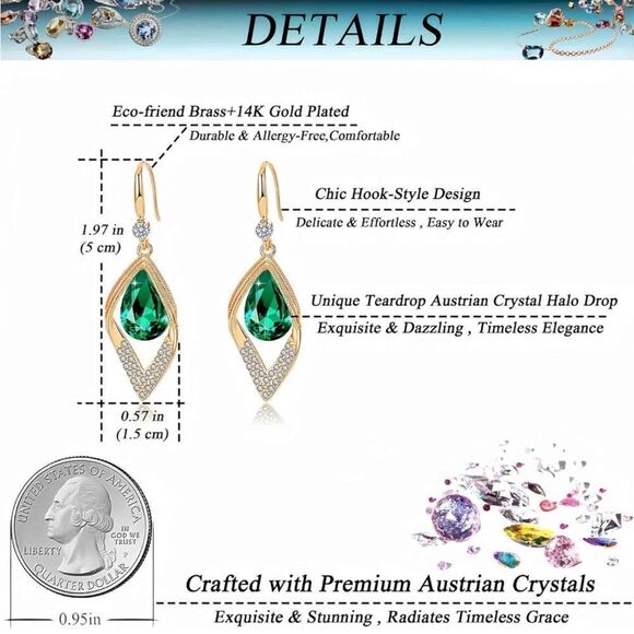14K Yellow Gold with Emerald Green Austrian Crystal Halo Leaf Teardrop Earrings - Picture 7 of 7